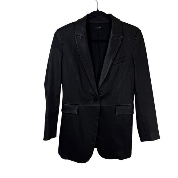 Theory Etiennette Leather Single Breasted Blazer Jacket Edgy Classy Black Size 8 - Picture 2 of 10